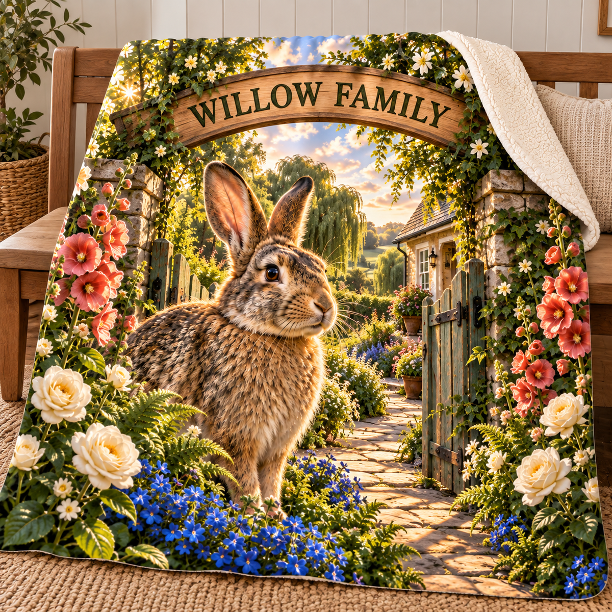 Willowgate Rabbit Welcome Sherpa & Fleece Blanket with printed optical 3D artwork in its use setting