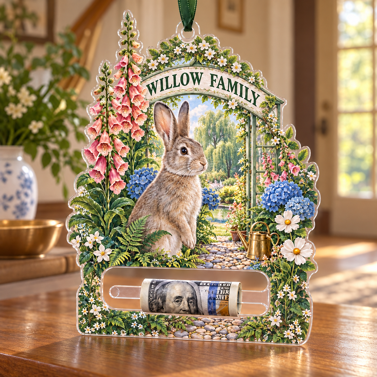 Willowgate Rabbit Welcome Acrylic Cash Holder Ornament with printed optical 3D artwork in its use setting