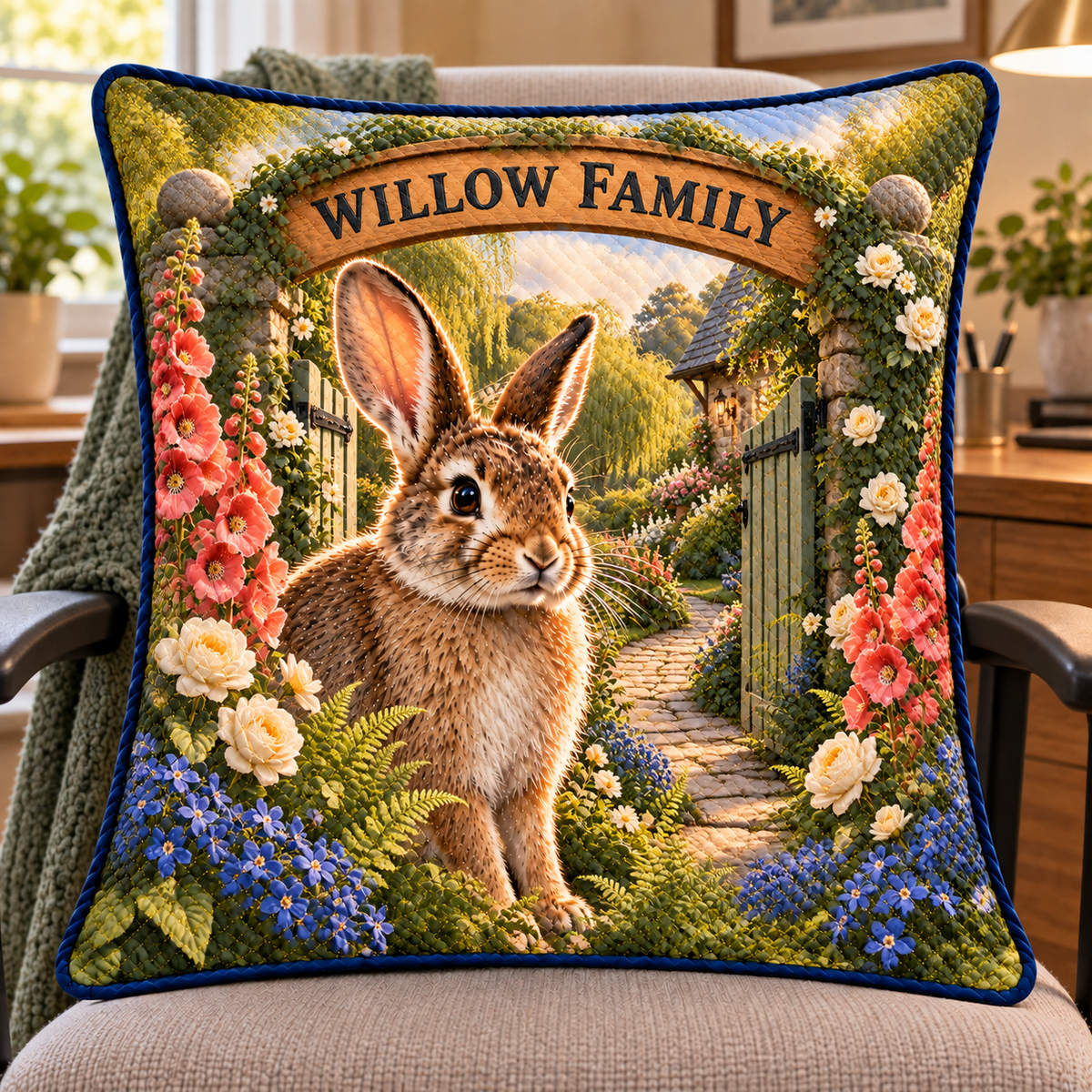 Willowgate Rabbit Welcome Quilted Cushion Cover with printed optical 3D artwork in its use setting