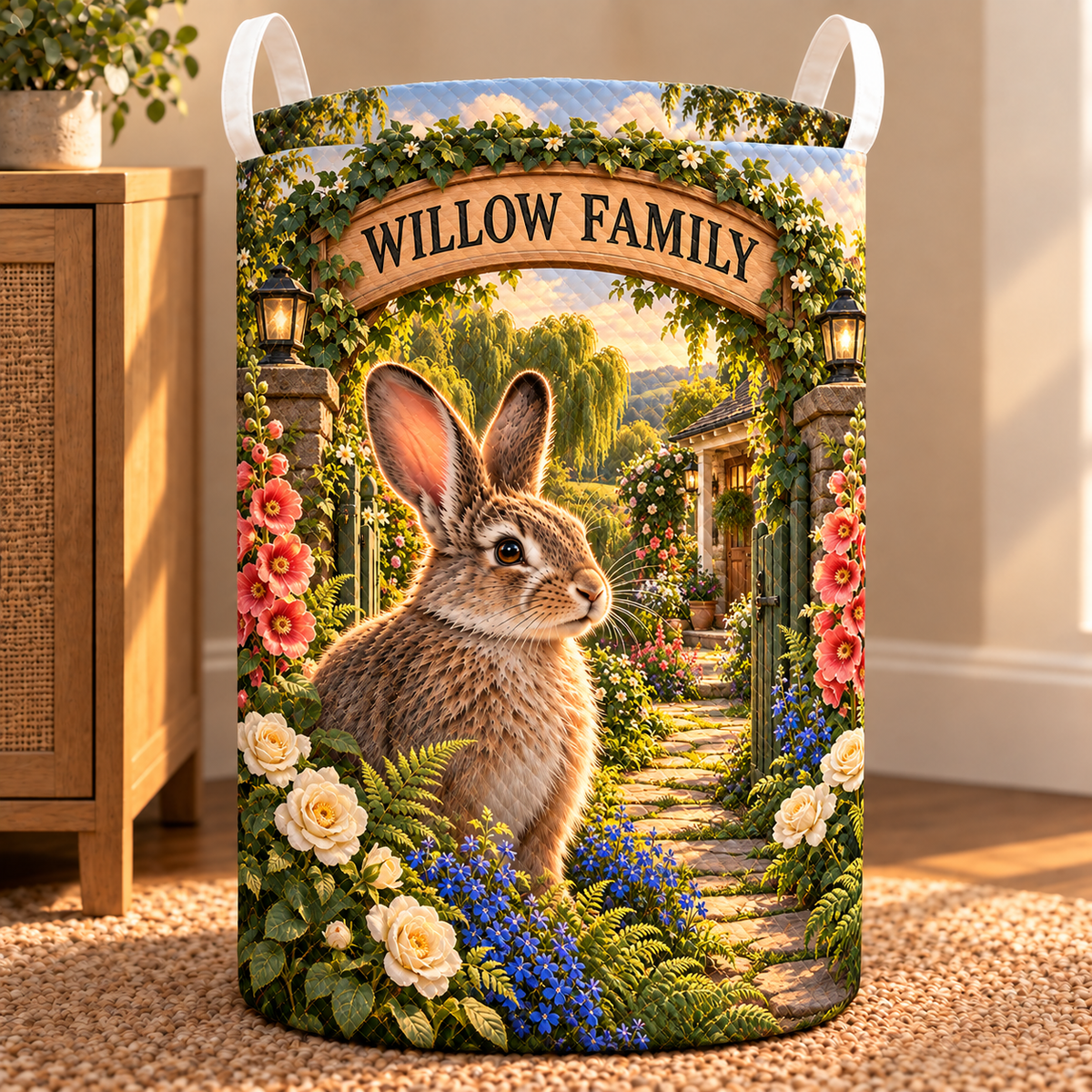 Willowgate Rabbit Welcome Laundry Hamper with printed optical 3D artwork in its use setting