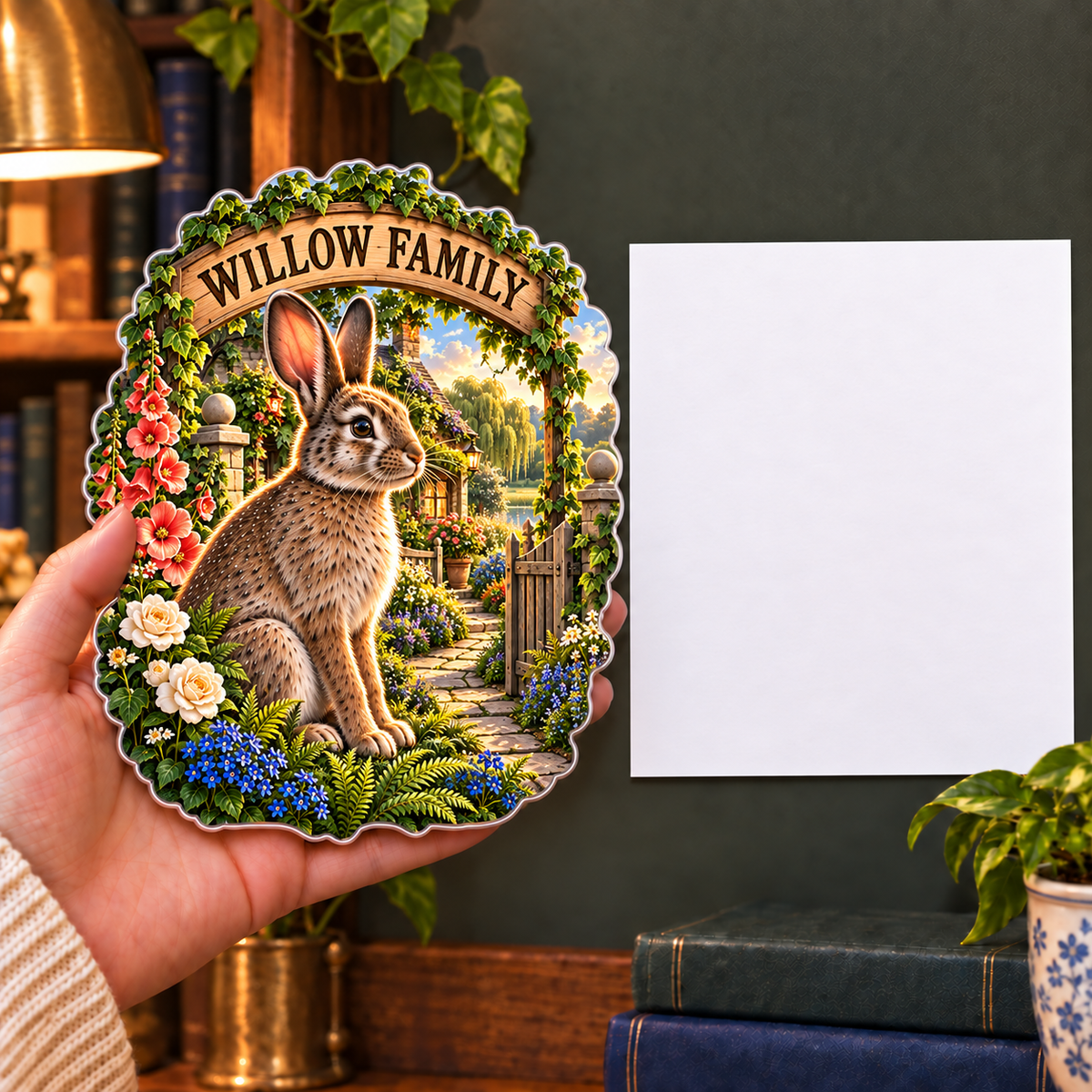 Willowgate Rabbit Welcome Acrylic Refrigerator Magnet with printed optical 3D artwork in its use setting