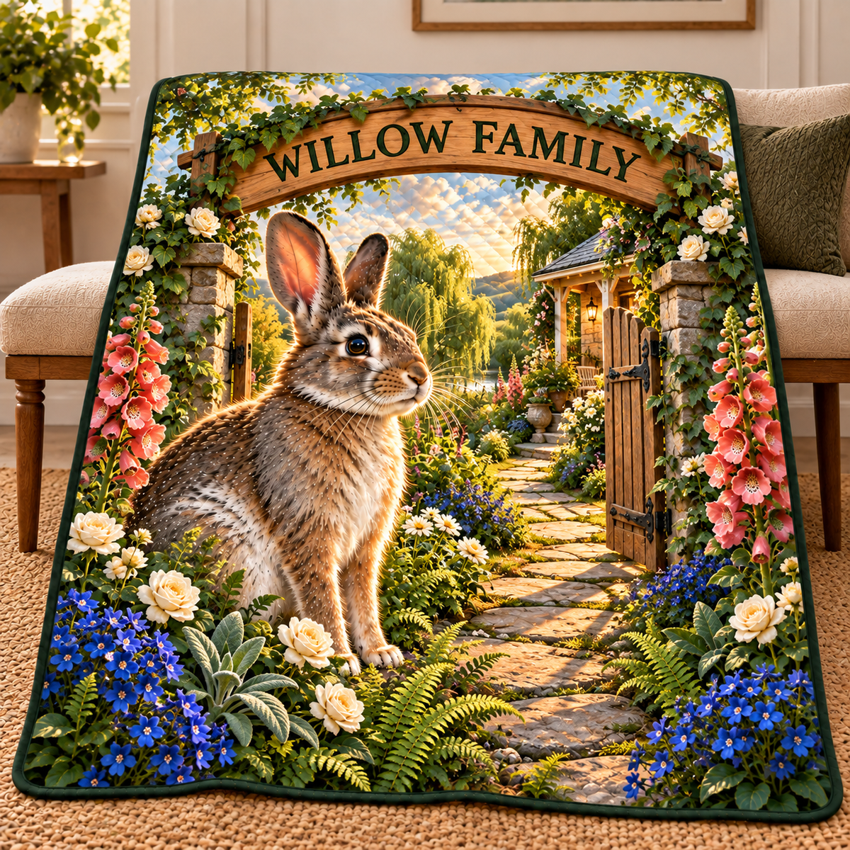 Willowgate Rabbit Welcome Quilt Blanket with printed optical 3D artwork in its use setting