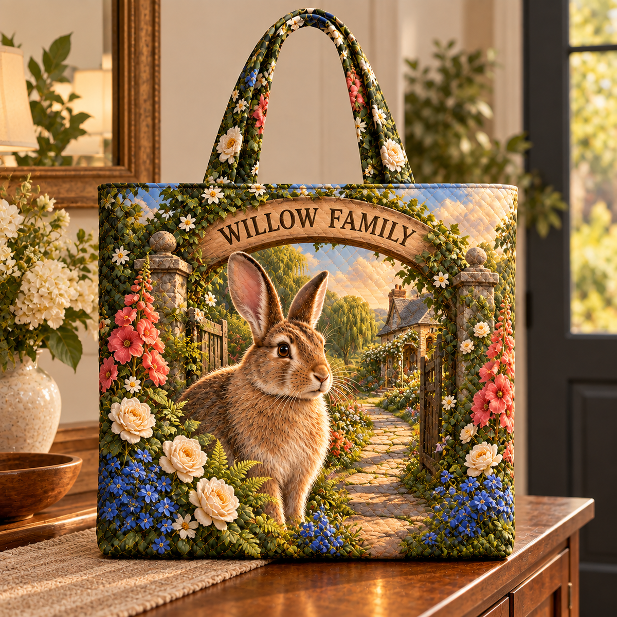 Willowgate Rabbit Welcome Quilted Tote Bag with printed optical 3D artwork in its use setting