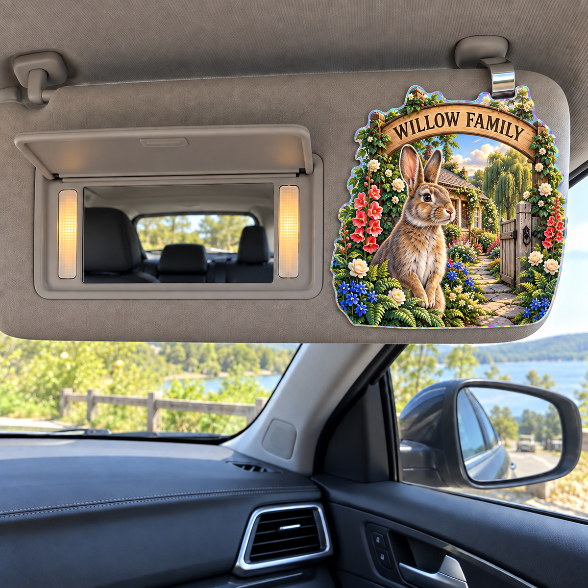 Willowgate Rabbit Welcome Holographic Car Visor Clip with printed optical 3D artwork in its use setting