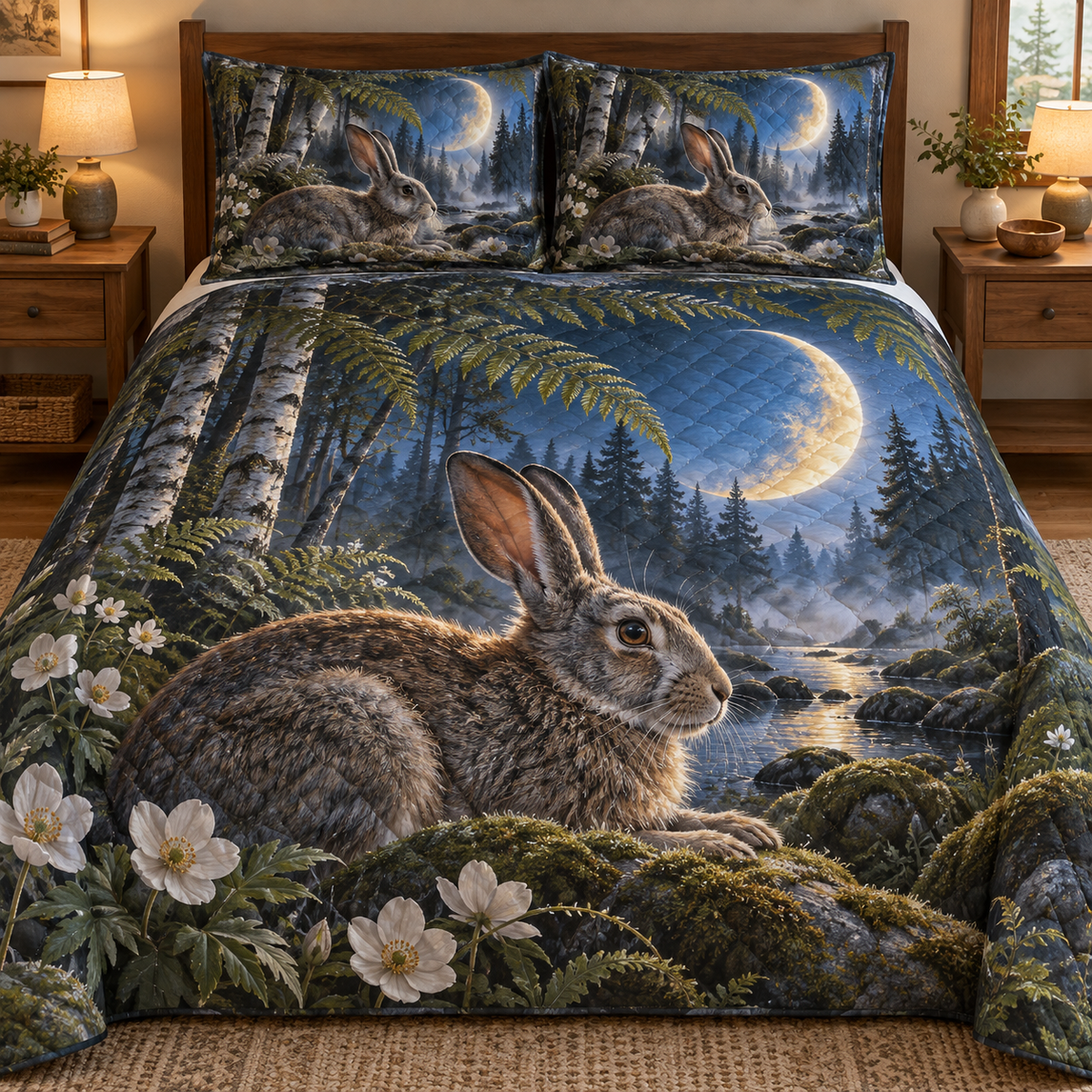 Moonfern Rabbit Nook Quilted Bedding Set with printed optical 3D artwork in its use setting