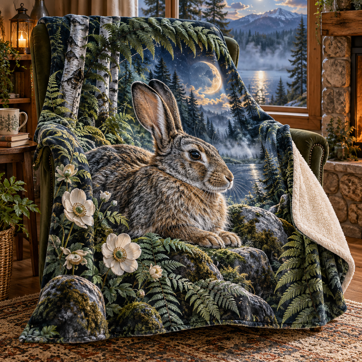 Moonfern Rabbit Nook Sherpa & Fleece Blanket with printed optical 3D artwork in its use setting