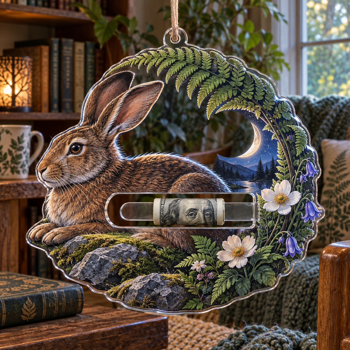 Moonfern Rabbit Nook Acrylic Cash Holder Ornament with printed optical 3D artwork in its use setting