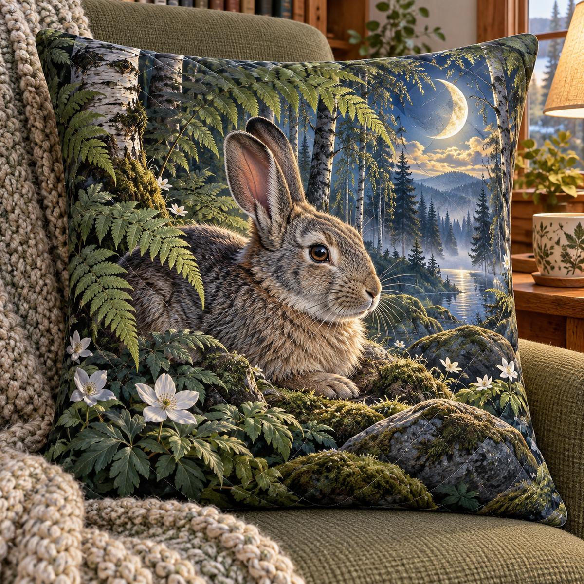 Moonfern Rabbit Nook Quilted Cushion Cover with printed optical 3D artwork in its use setting
