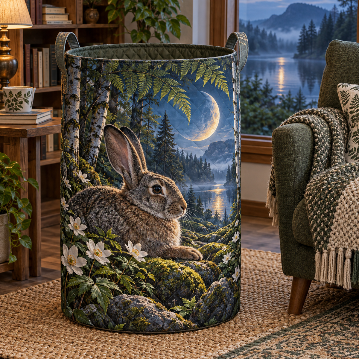 Moonfern Rabbit Nook Laundry Hamper with printed optical 3D artwork in its use setting