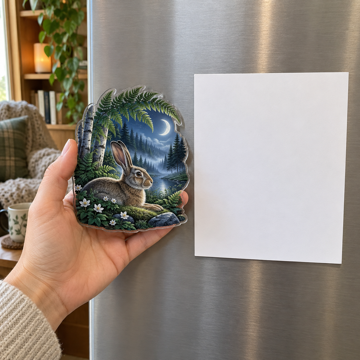 Moonfern Rabbit Nook Acrylic Refrigerator Magnet with printed optical 3D artwork in its use setting