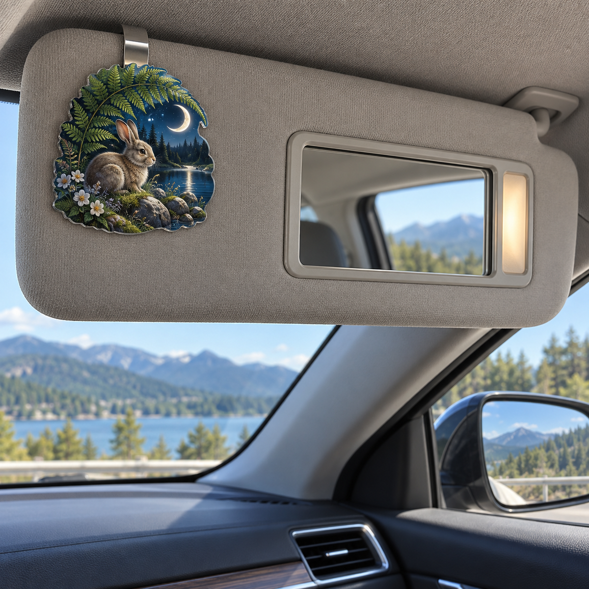 Moonfern Rabbit Nook Holographic Car Visor Clip with printed optical 3D artwork in its use setting