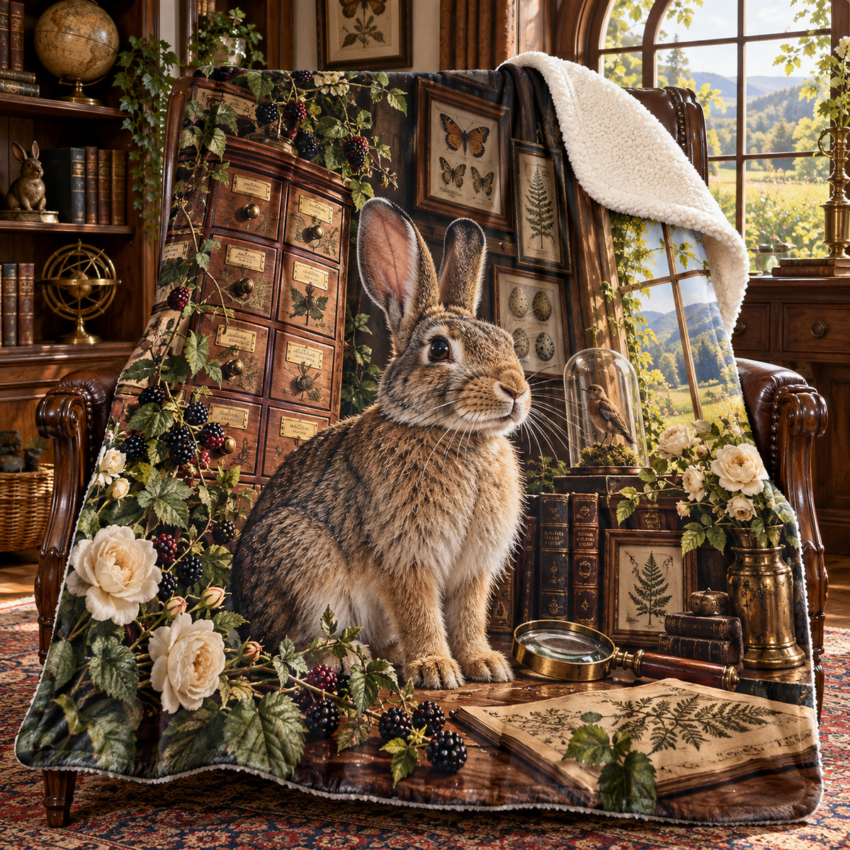 Brassberry Rabbit Curio Sherpa & Fleece Blanket with printed optical 3D artwork in its use setting