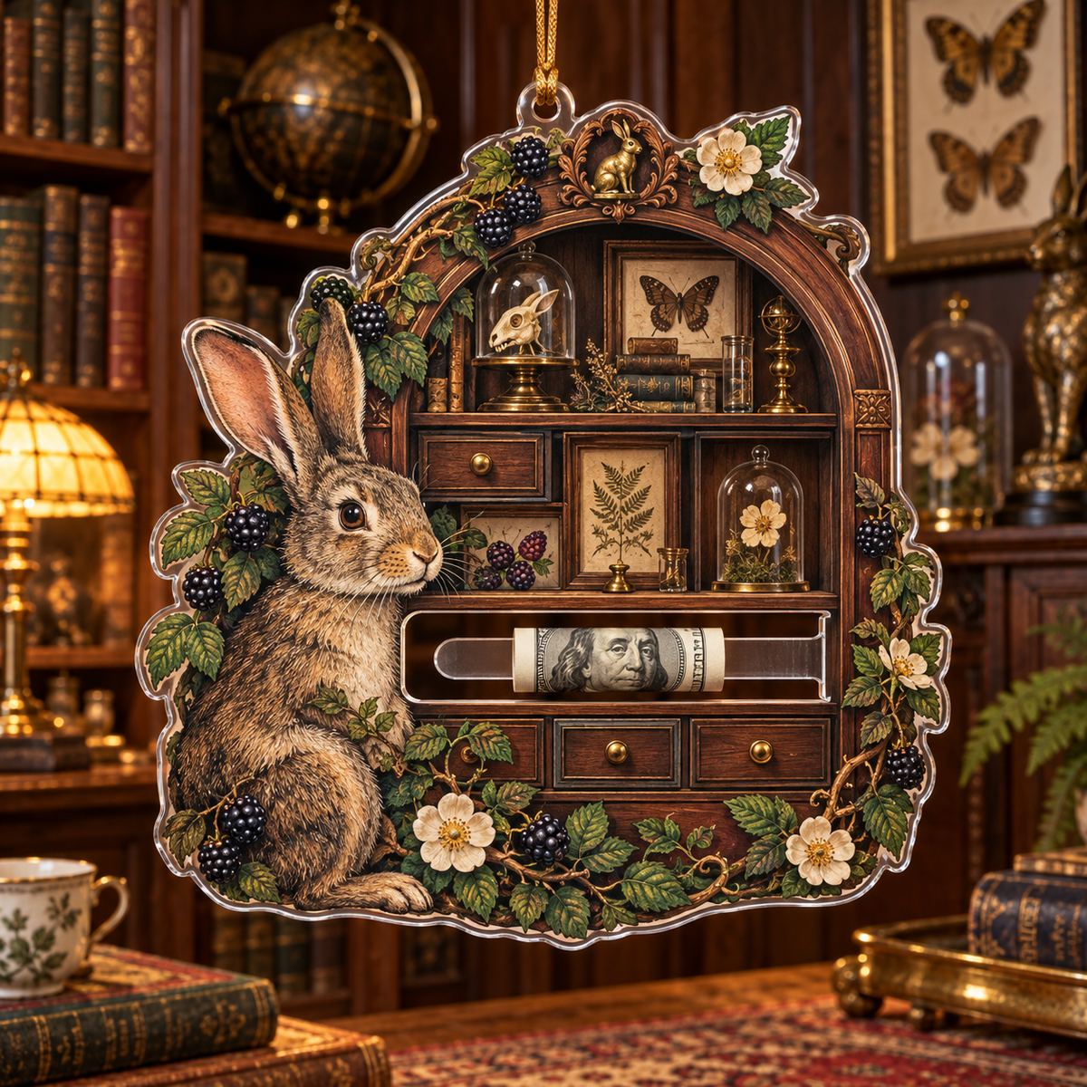 Brassberry Rabbit Curio Acrylic Cash Holder Ornament with printed optical 3D artwork in its use setting