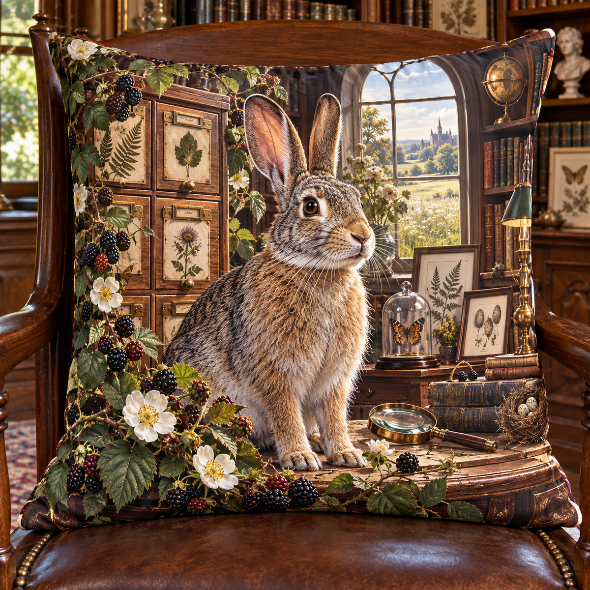 Brassberry Rabbit Curio Quilted Cushion Cover with printed optical 3D artwork in its use setting