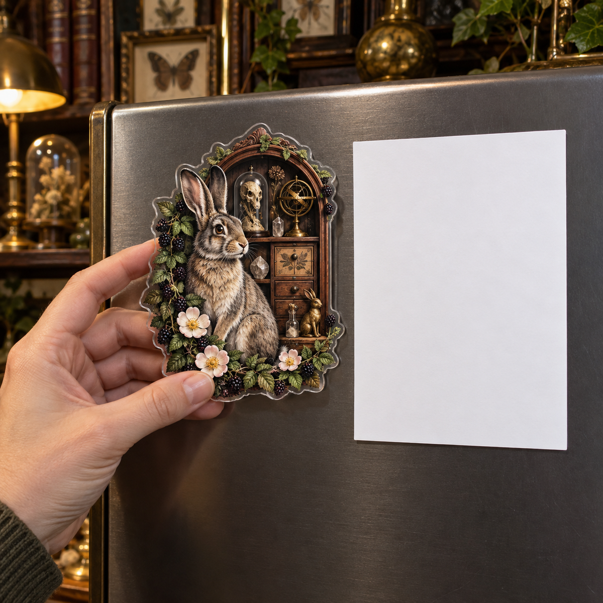 Brassberry Rabbit Curio Acrylic Refrigerator Magnet with printed optical 3D artwork in its use setting