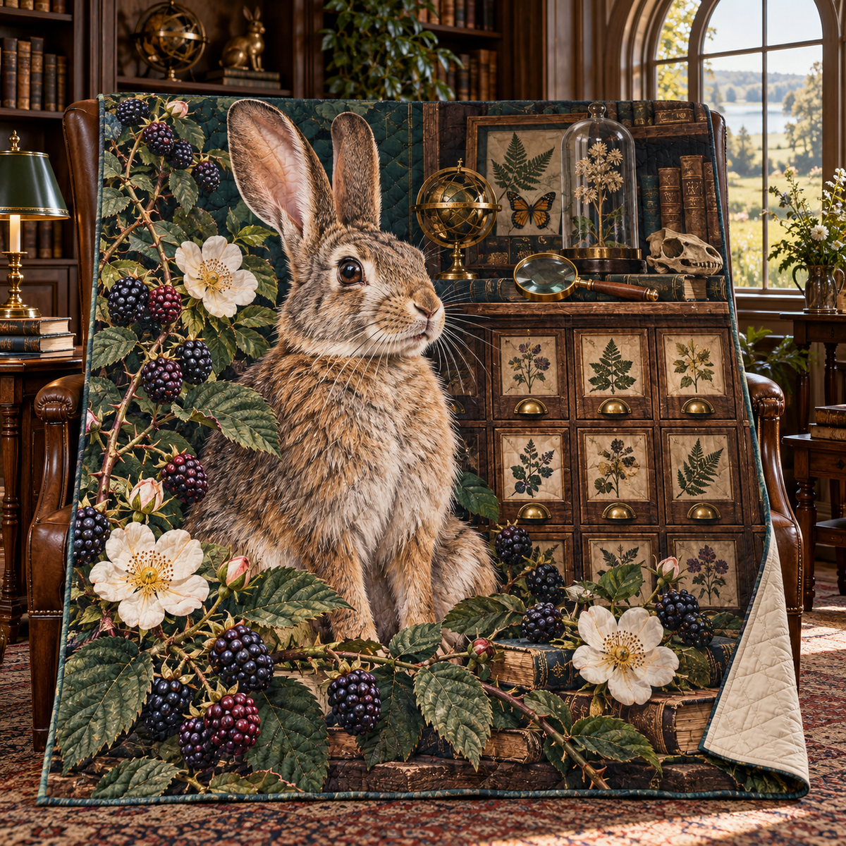 Brassberry Rabbit Curio Quilt Blanket with printed optical 3D artwork in its use setting