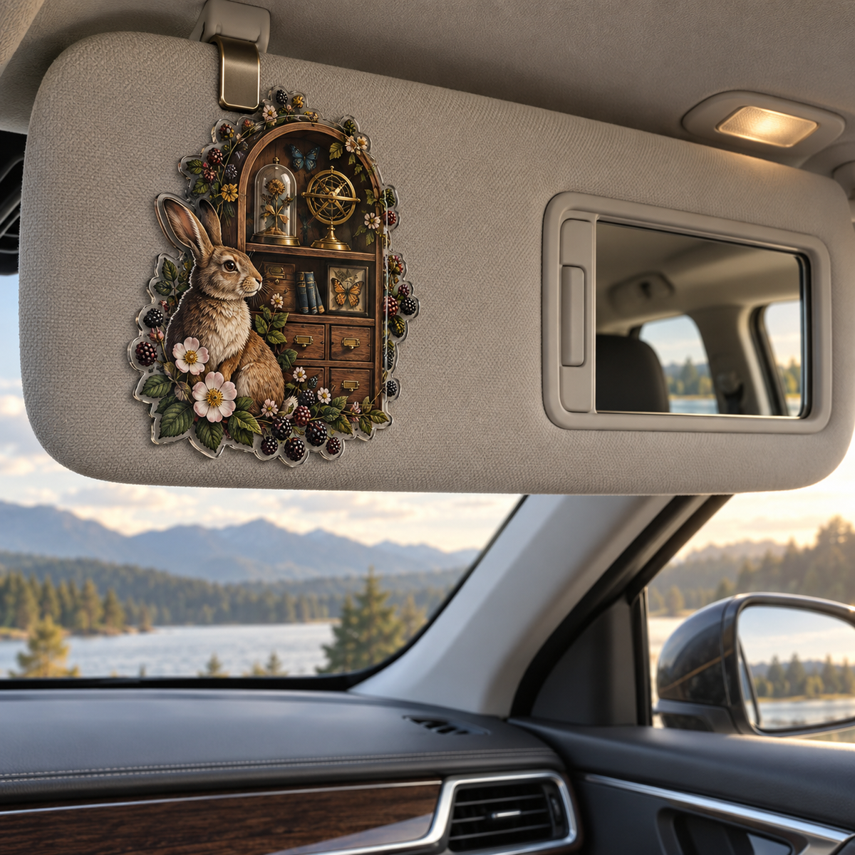 Brassberry Rabbit Curio Holographic Car Visor Clip with printed optical 3D artwork in its use setting