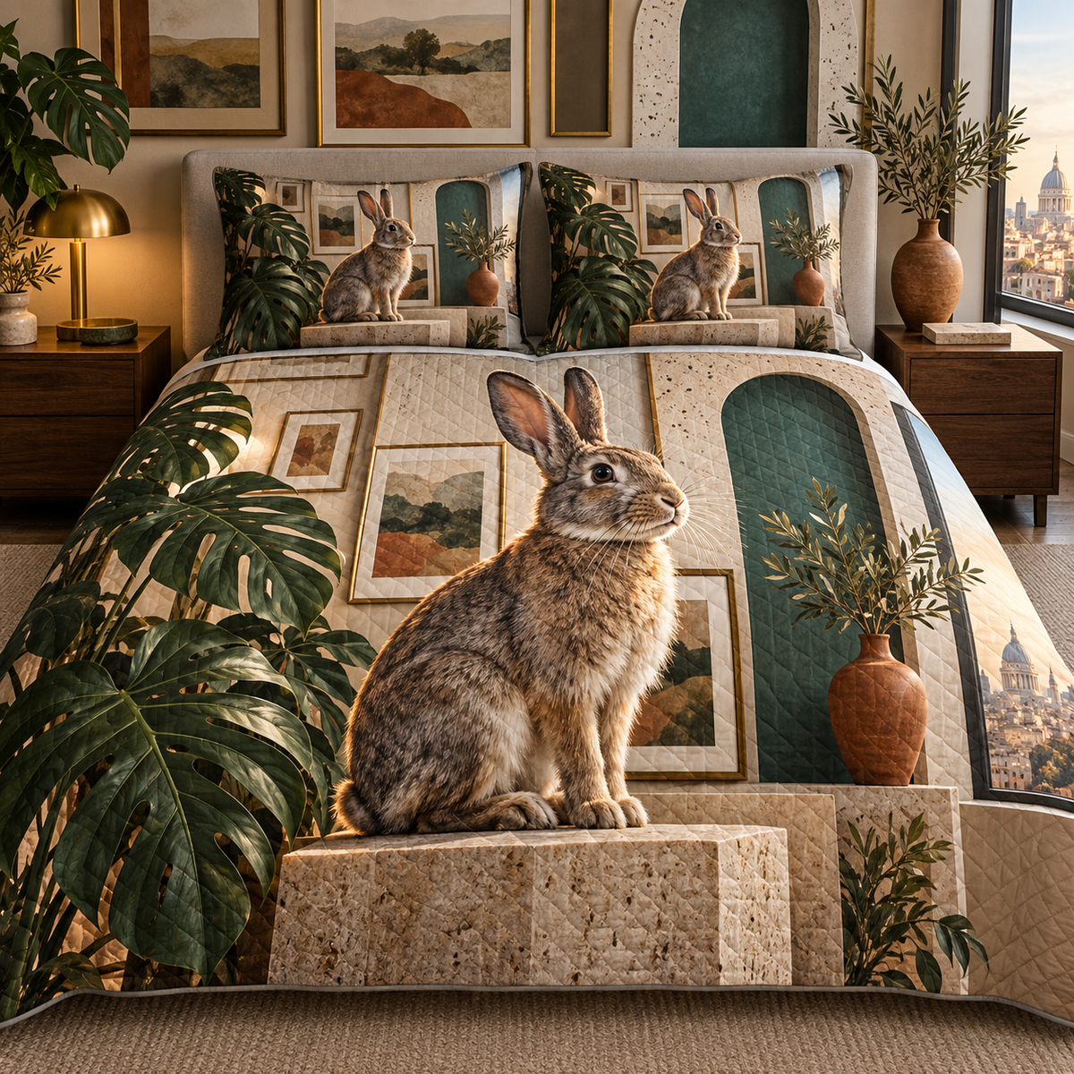 Terrazzo Rabbit Gallery Quilted Bedding Set with printed optical 3D artwork in its use setting