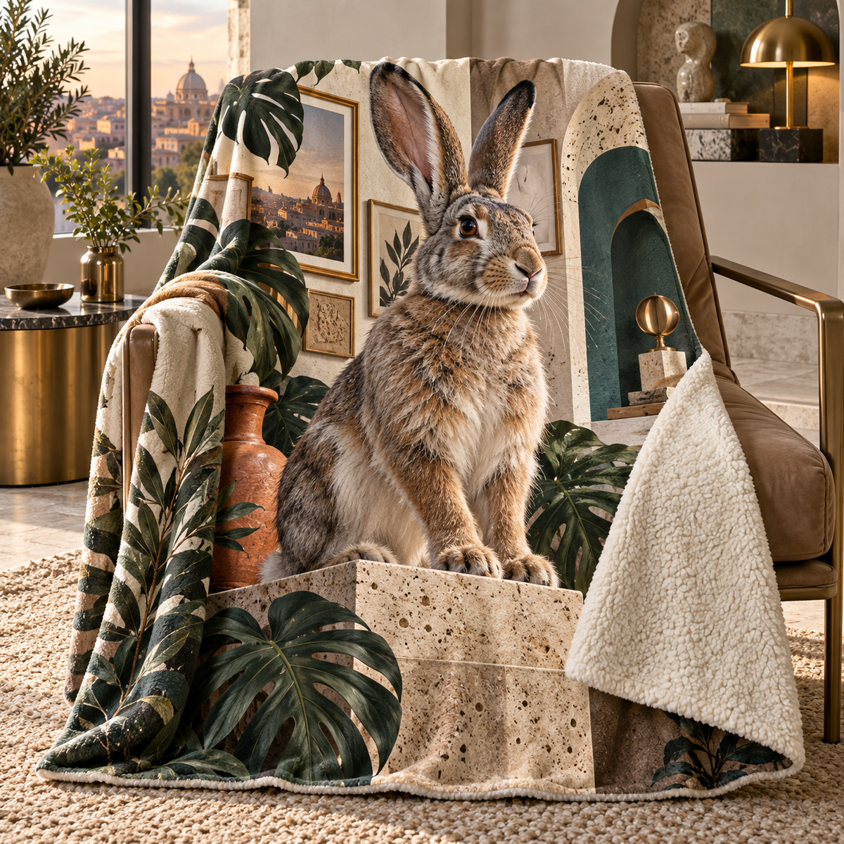 Terrazzo Rabbit Gallery Sherpa & Fleece Blanket with printed optical 3D artwork in its use setting