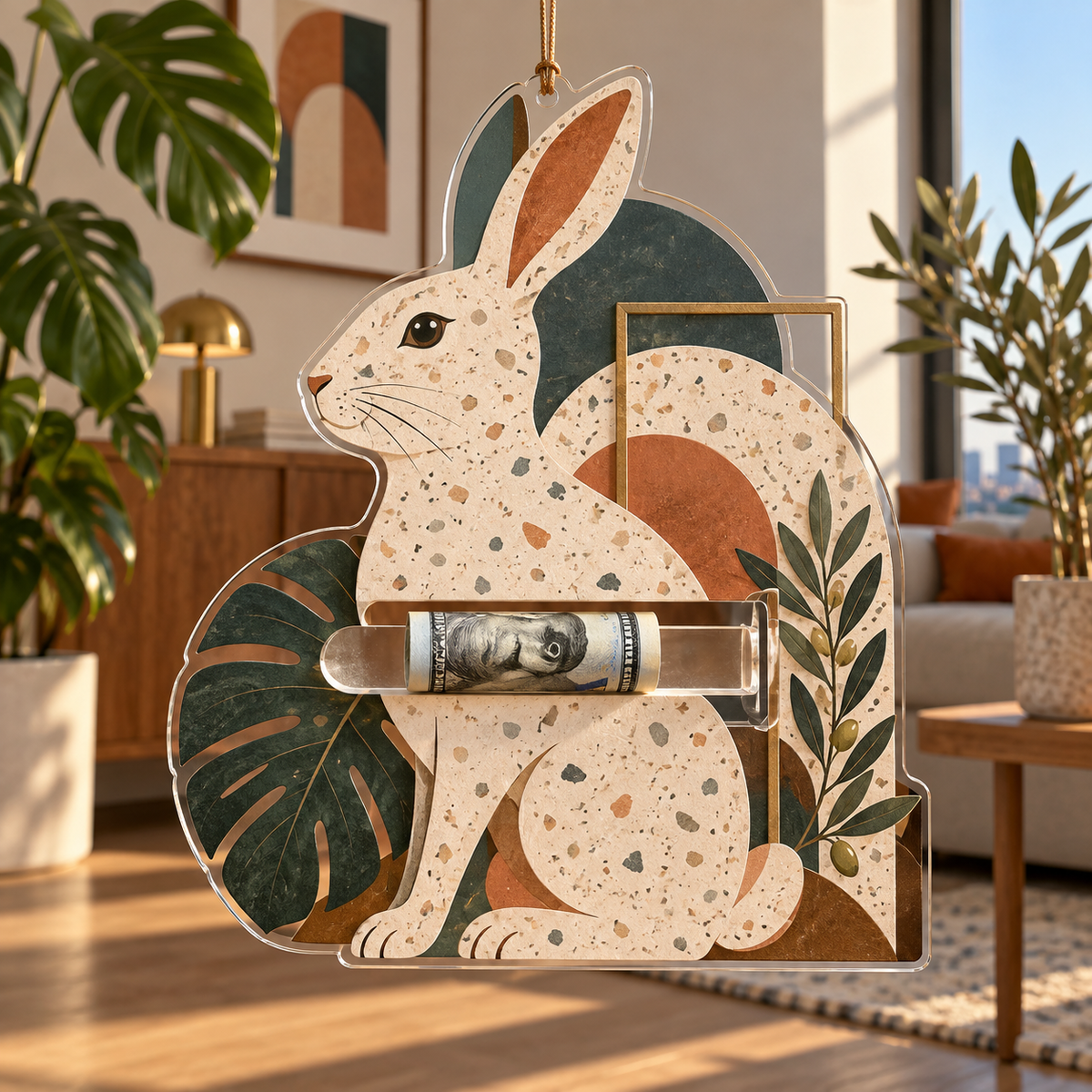 Terrazzo Rabbit Gallery Acrylic Cash Holder Ornament with printed optical 3D artwork in its use setting