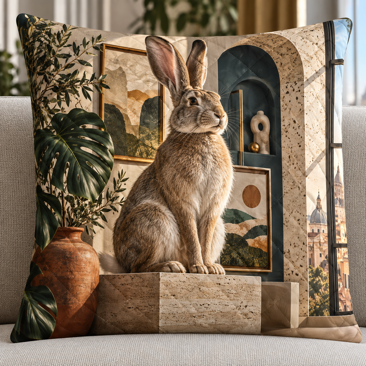 Terrazzo Rabbit Gallery Quilted Cushion Cover with printed optical 3D artwork in its use setting