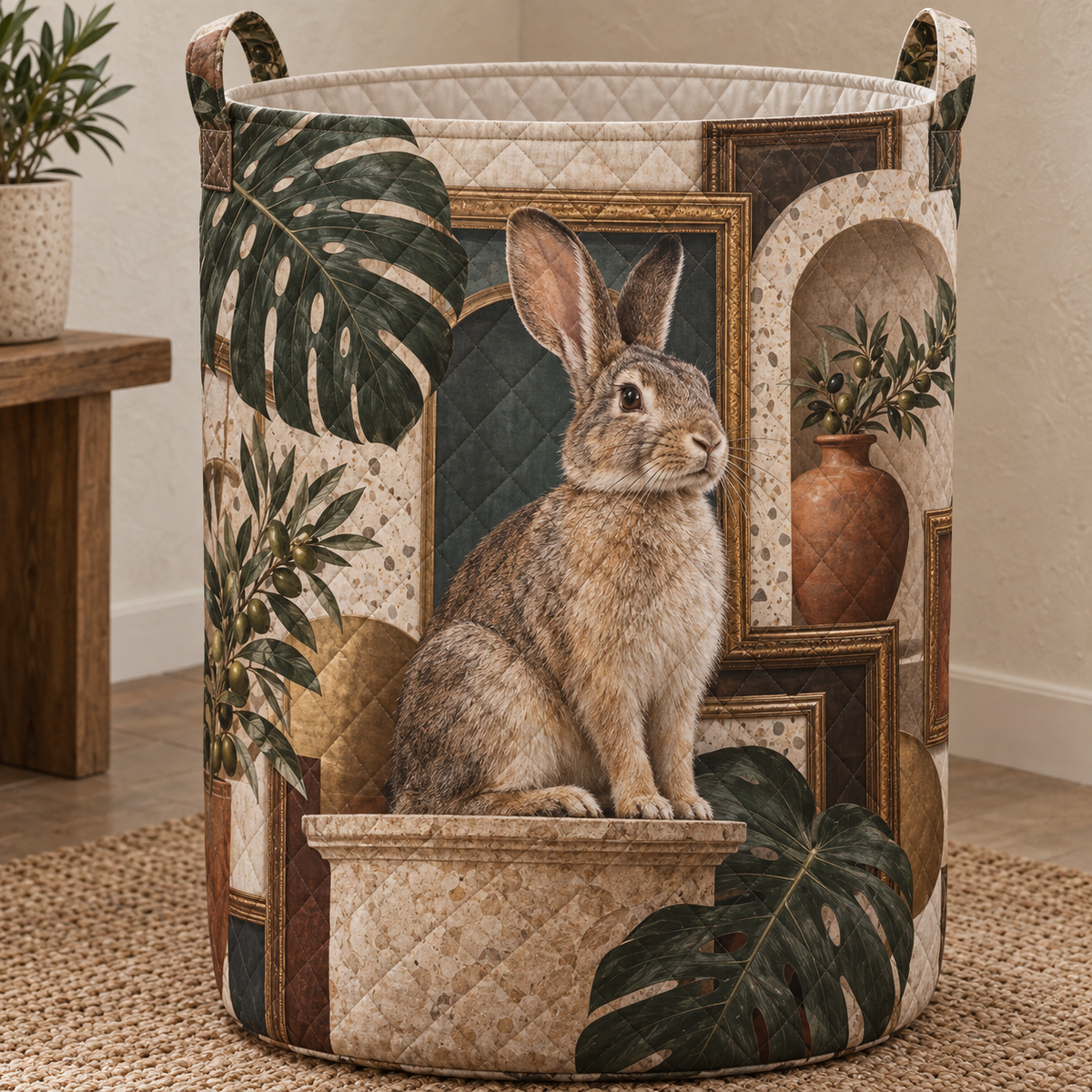 Terrazzo Rabbit Gallery Laundry Hamper with printed optical 3D artwork in its use setting