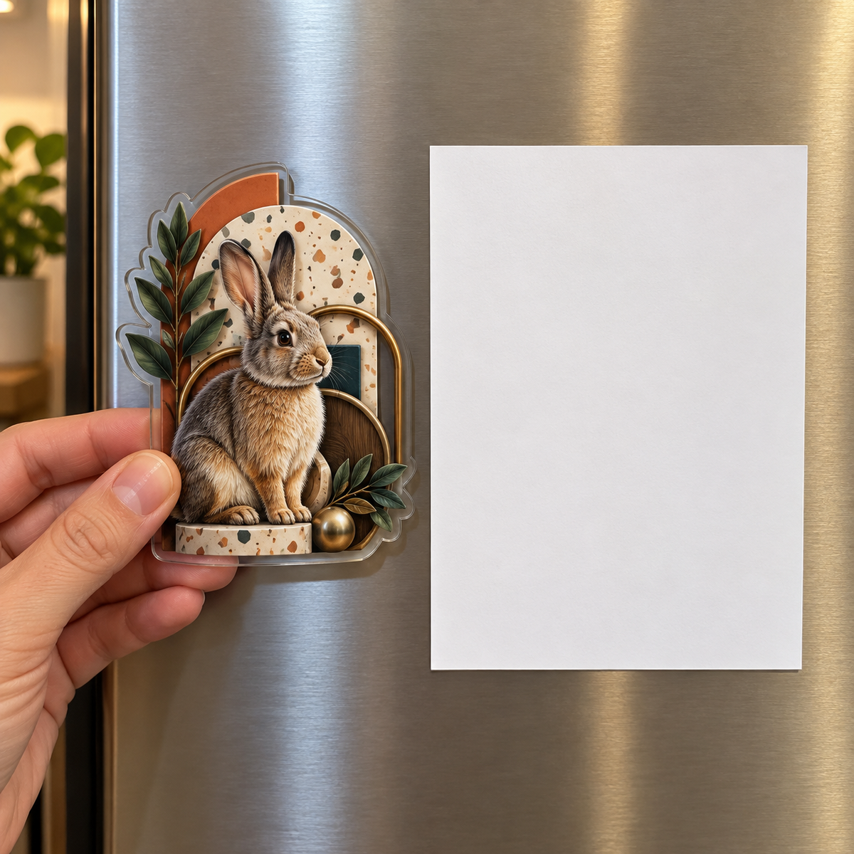 Terrazzo Rabbit Gallery Acrylic Refrigerator Magnet with printed optical 3D artwork in its use setting