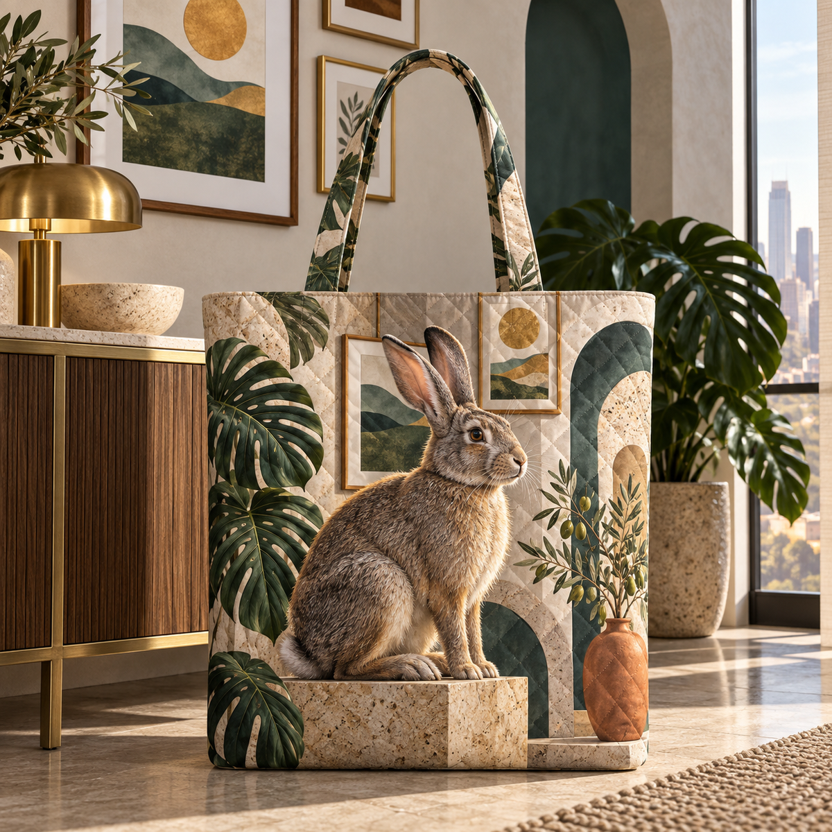 Terrazzo Rabbit Gallery Quilted Tote Bag with printed optical 3D artwork in its use setting