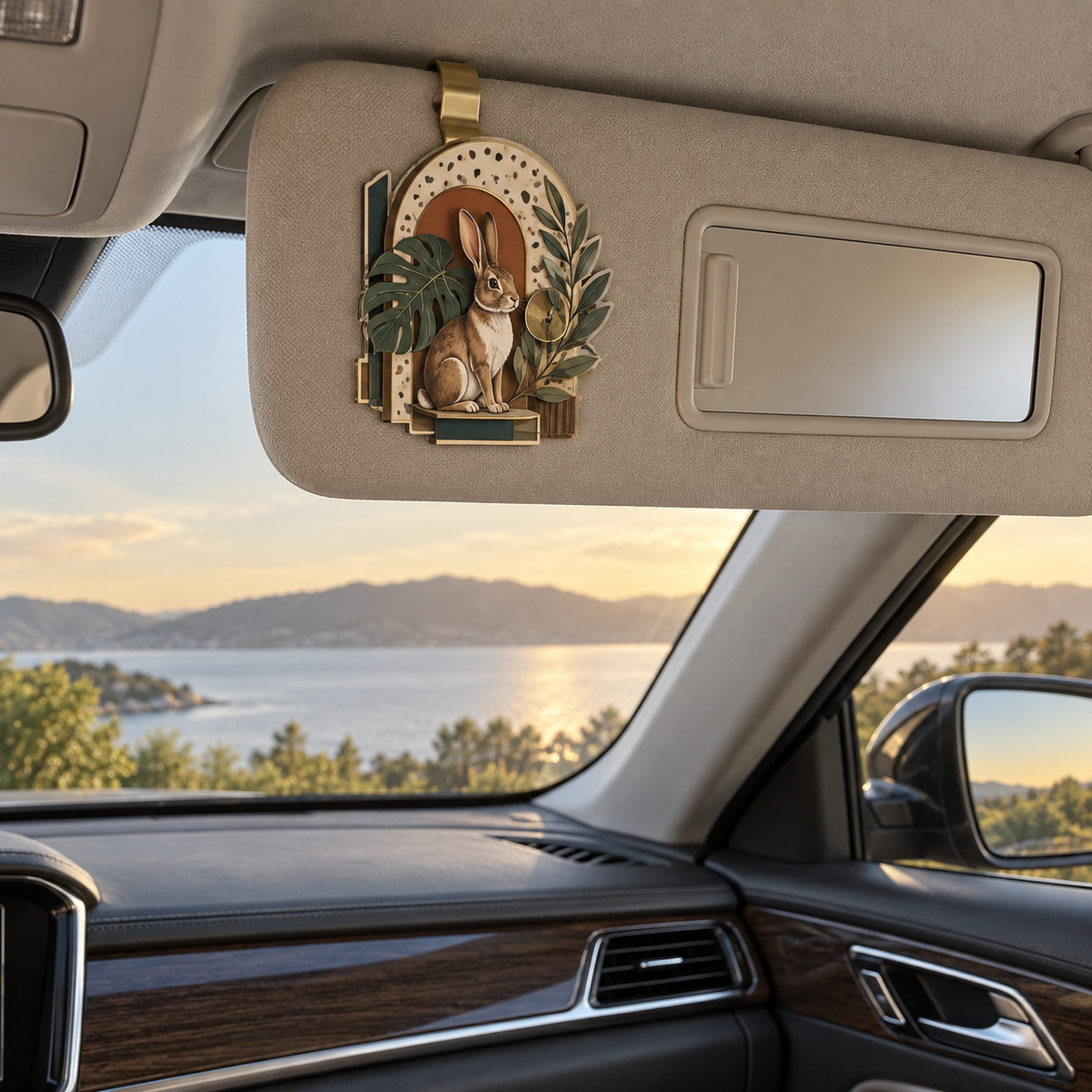 Terrazzo Rabbit Gallery Holographic Car Visor Clip with printed optical 3D artwork in its use setting