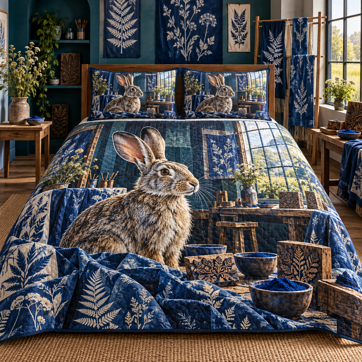 Indigo Rabbit Atelier Quilted Bedding Set with printed optical 3D artwork in its use setting