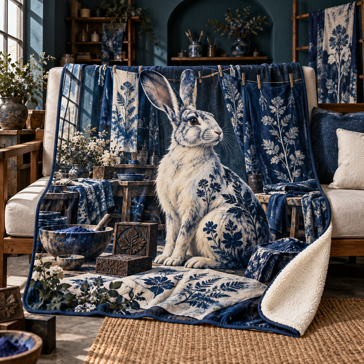 Indigo Rabbit Atelier Sherpa & Fleece Blanket with printed optical 3D artwork in its use setting