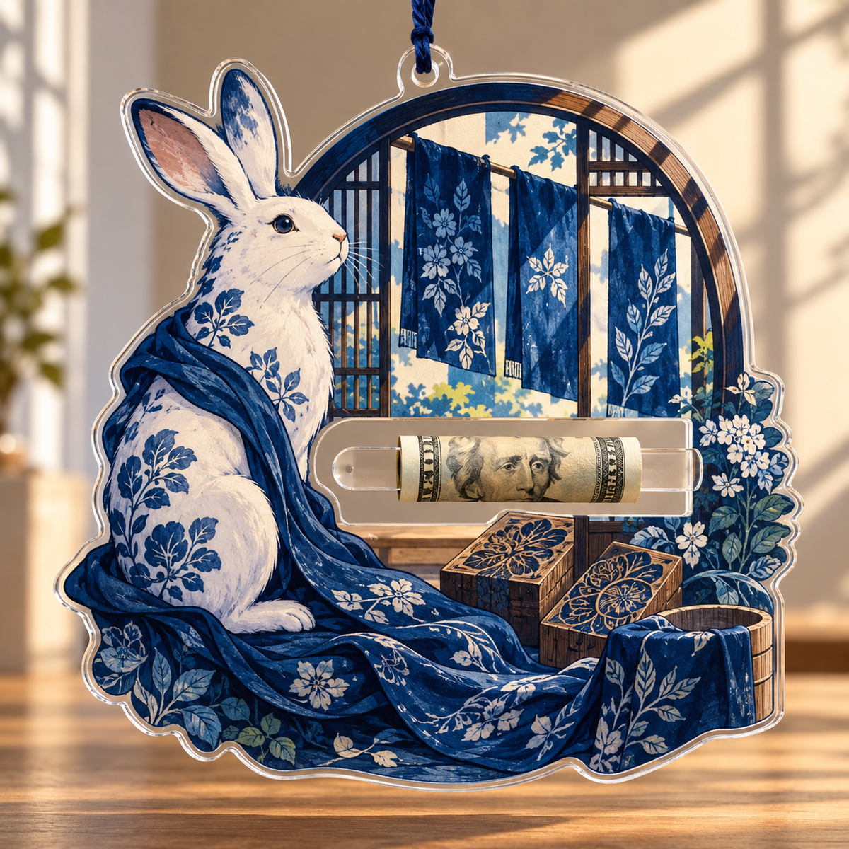 Indigo Rabbit Atelier Acrylic Cash Holder Ornament with printed optical 3D artwork in its use setting