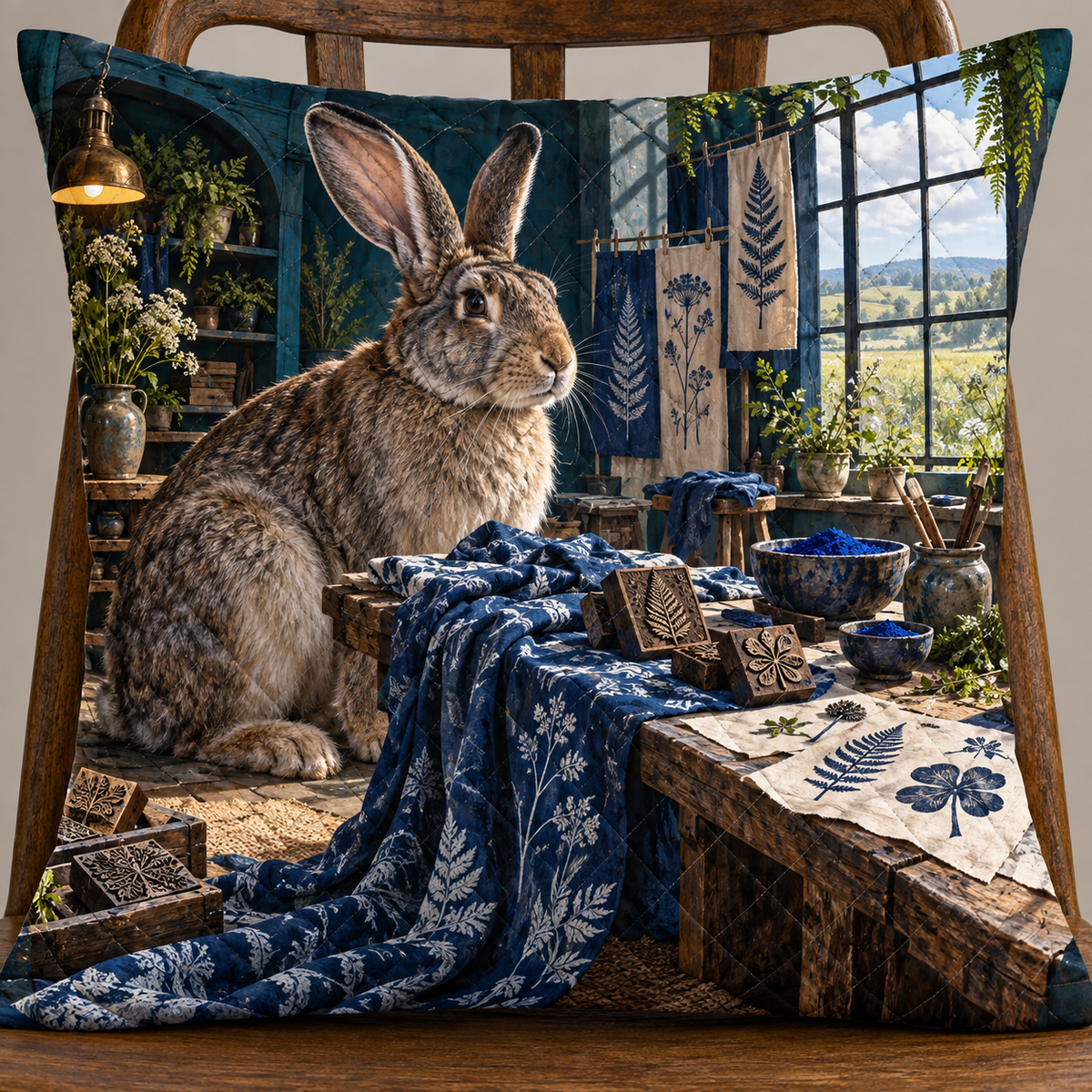 Indigo Rabbit Atelier Quilted Cushion Cover with printed optical 3D artwork in its use setting