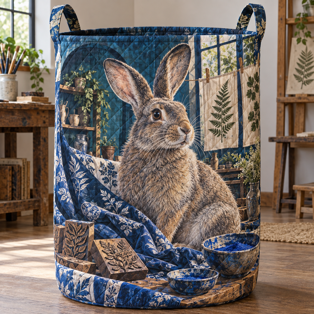 Indigo Rabbit Atelier Laundry Hamper with printed optical 3D artwork in its use setting