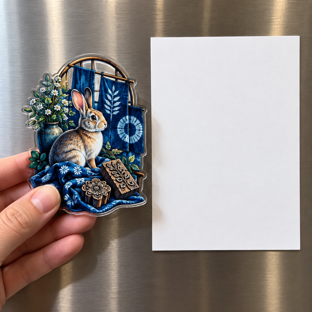 Indigo Rabbit Atelier Acrylic Refrigerator Magnet with printed optical 3D artwork in its use setting