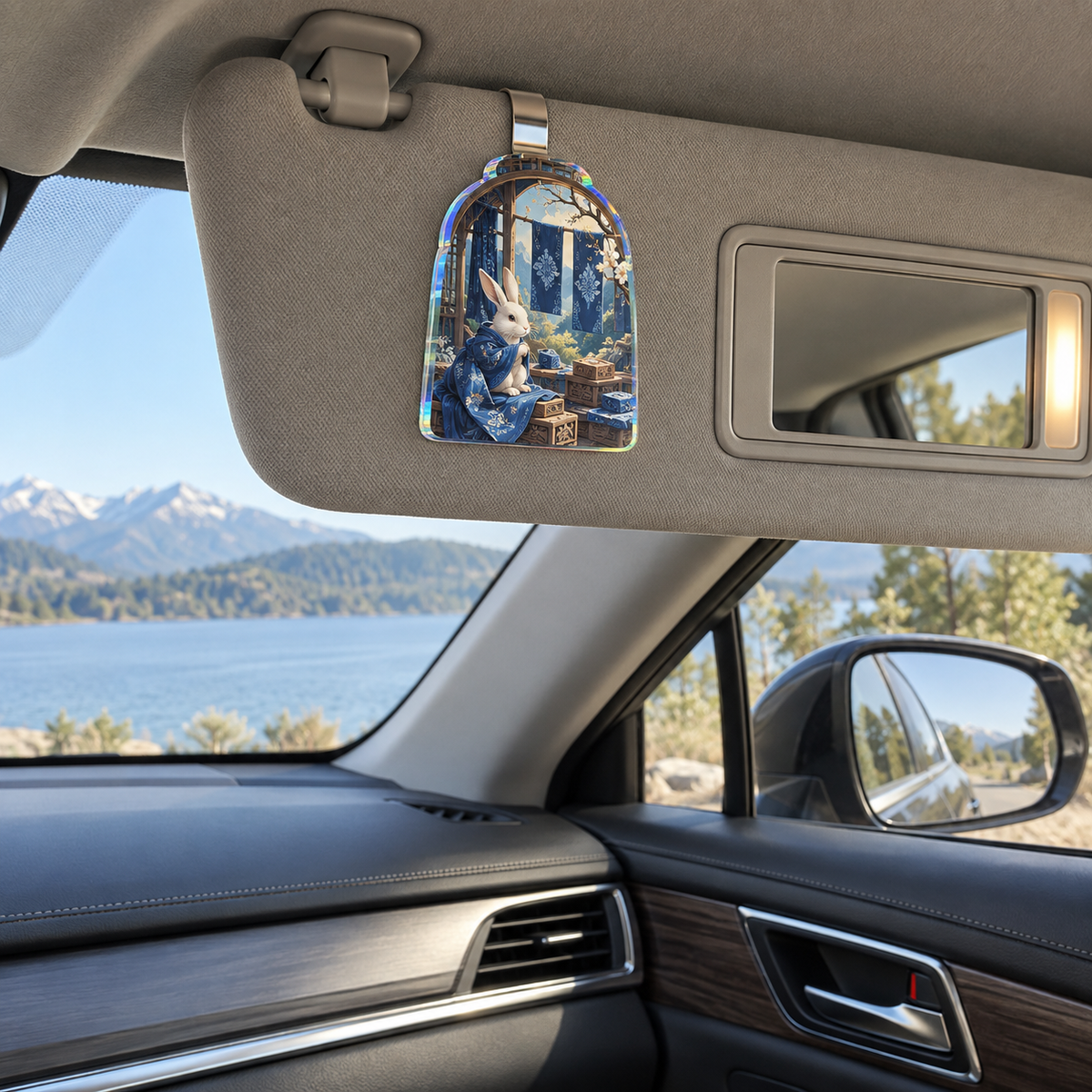 Indigo Rabbit Atelier Holographic Car Visor Clip with printed optical 3D artwork in its use setting