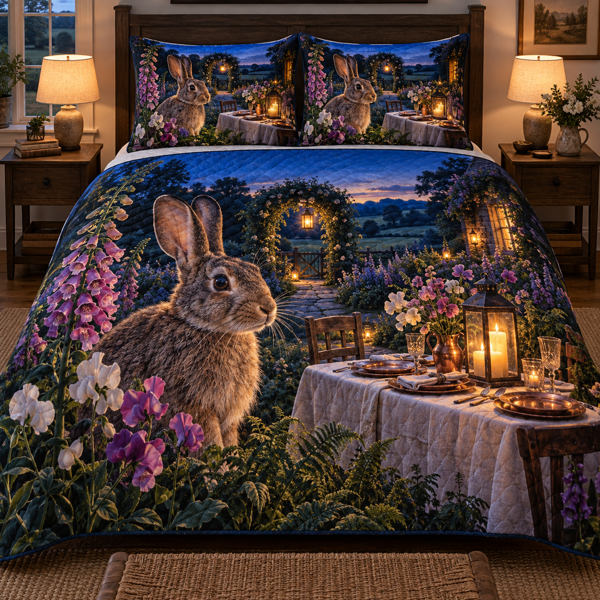 Moonlit Rabbit Supper Garden Quilted Bedding Set with printed optical 3D artwork in its use setting