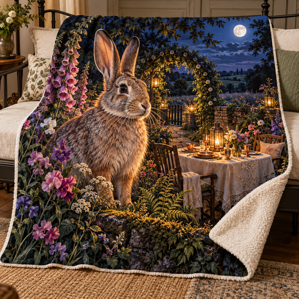 Moonlit Rabbit Supper Garden Sherpa & Fleece Blanket with printed optical 3D artwork in its use setting