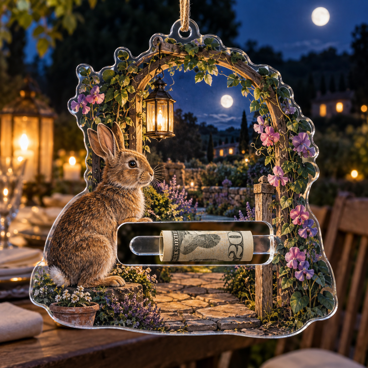 Moonlit Rabbit Supper Garden Acrylic Cash Holder Ornament with printed optical 3D artwork in its use setting