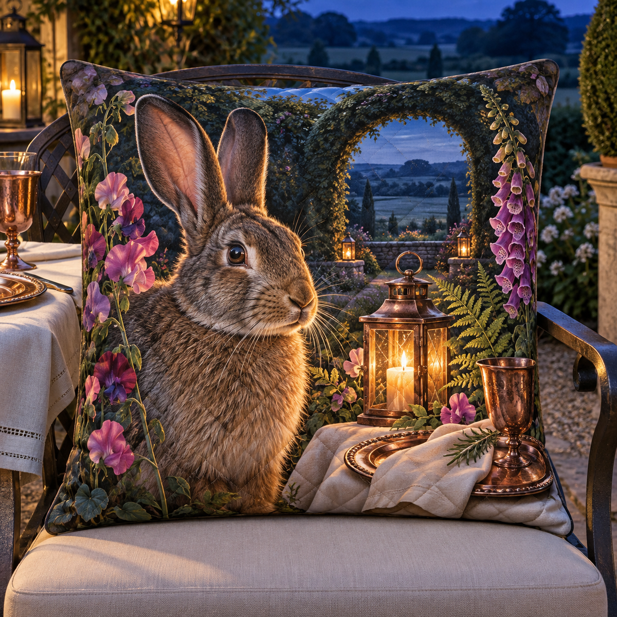 Moonlit Rabbit Supper Garden Quilted Cushion Cover with printed optical 3D artwork in its use setting