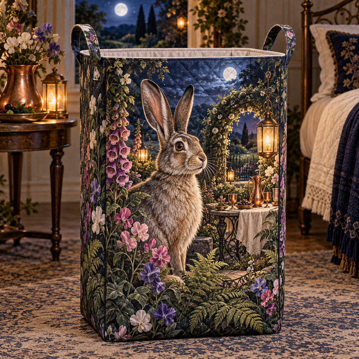 Moonlit Rabbit Supper Garden Laundry Hamper with printed optical 3D artwork in its use setting