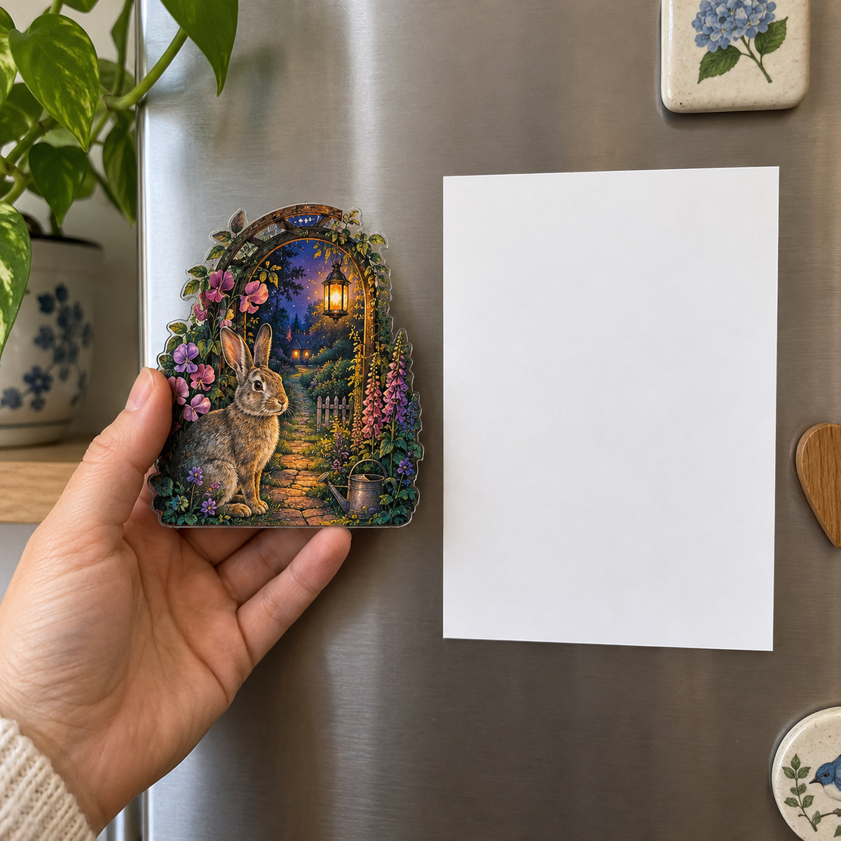 Moonlit Rabbit Supper Garden Acrylic Refrigerator Magnet with printed optical 3D artwork in its use setting