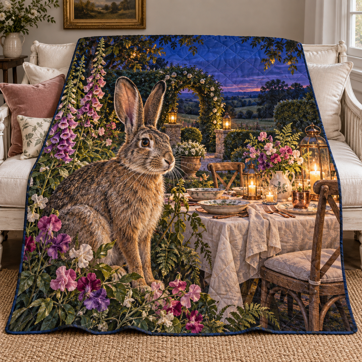 Moonlit Rabbit Supper Garden Quilt Blanket with printed optical 3D artwork in its use setting