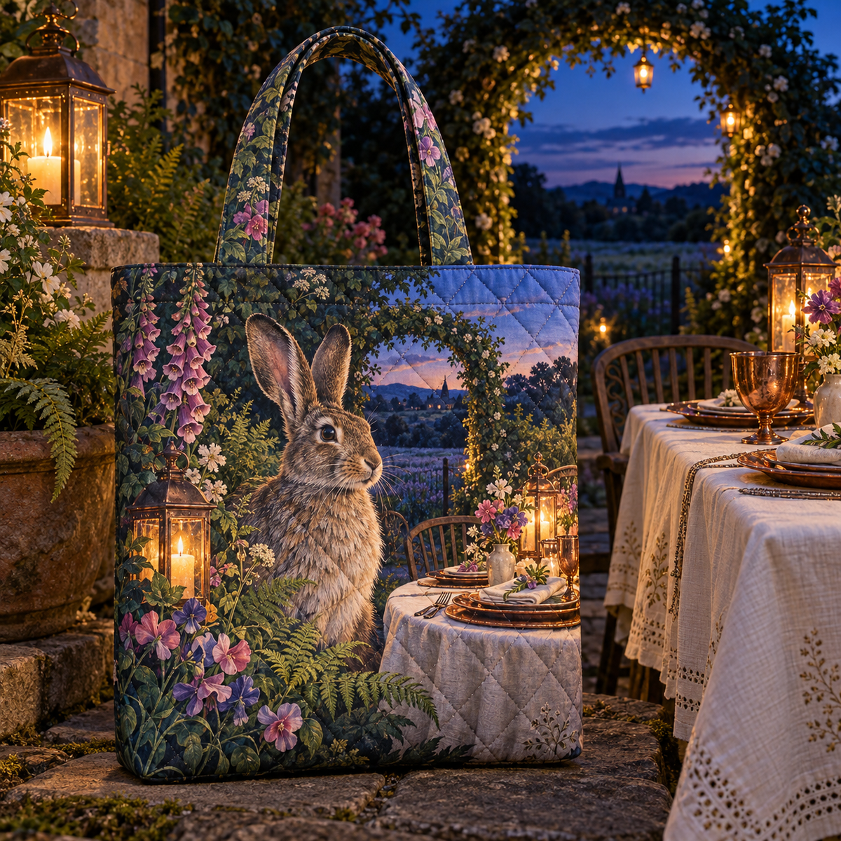 Moonlit Rabbit Supper Garden Quilted Tote Bag with printed optical 3D artwork in its use setting