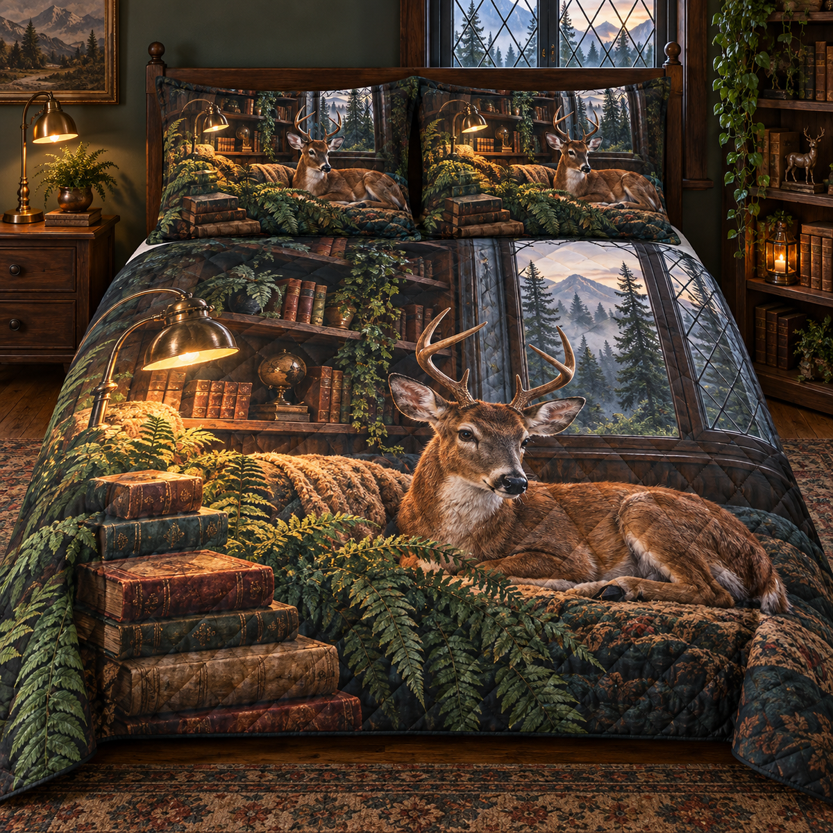 Fernlight Deer Reading Nook Quilted Bedding Set with printed optical 3D artwork in its use setting