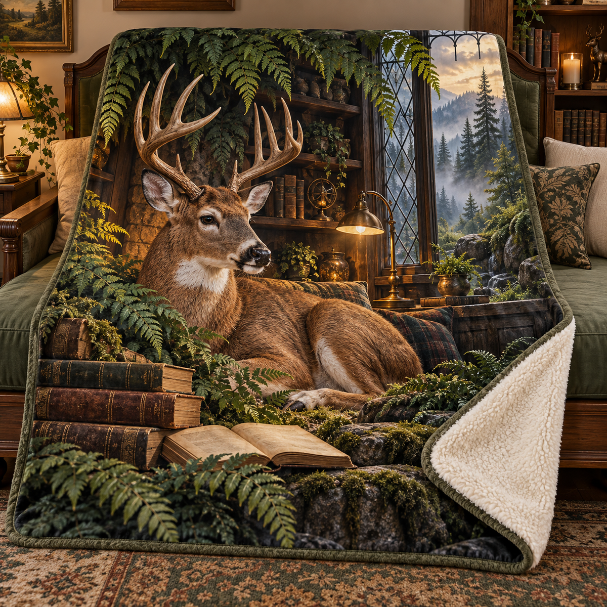 Fernlight Deer Reading Nook Sherpa & Fleece Blanket with printed optical 3D artwork in its use setting