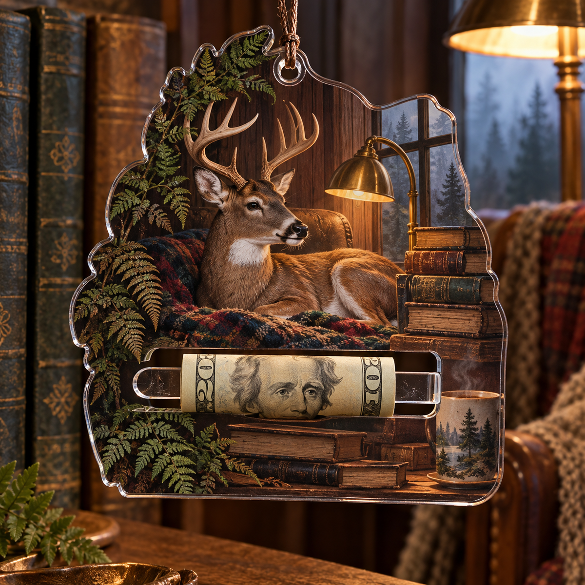 Fernlight Deer Reading Nook Acrylic Cash Holder Ornament with printed optical 3D artwork in its use setting