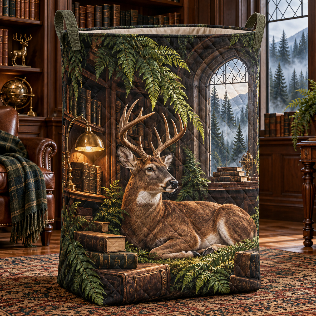 Fernlight Deer Reading Nook Laundry Hamper with printed optical 3D artwork in its use setting