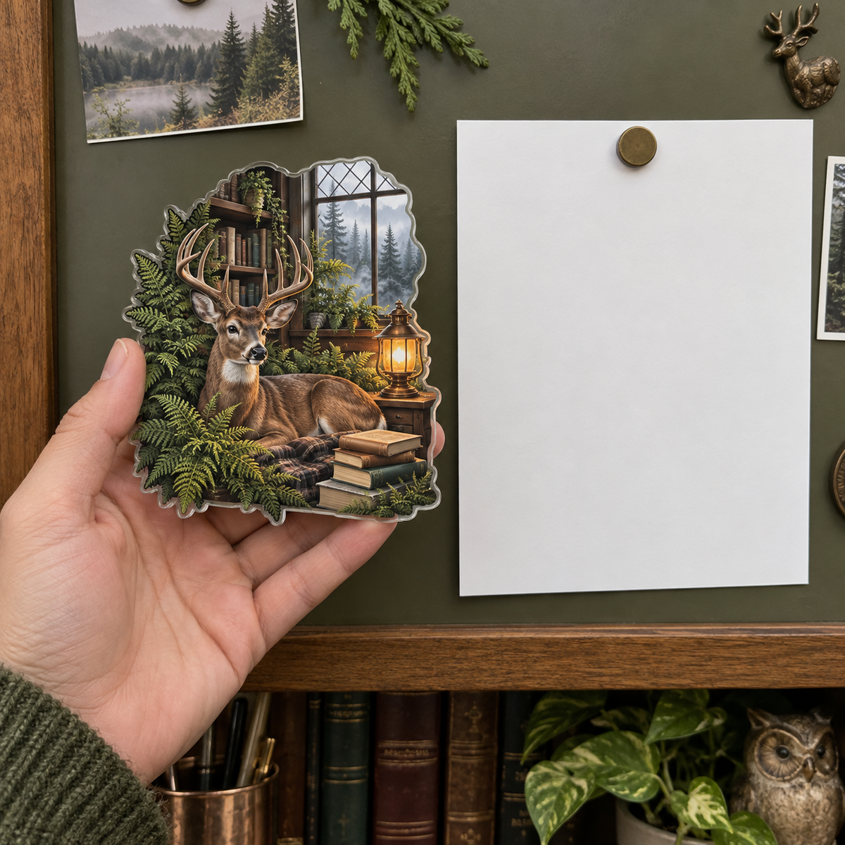 Fernlight Deer Reading Nook Acrylic Refrigerator Magnet with printed optical 3D artwork in its use setting