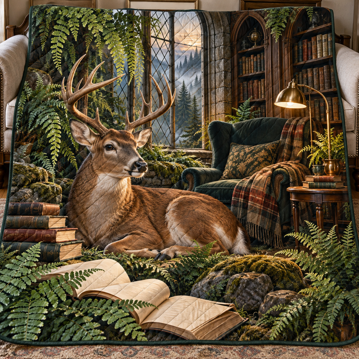 Fernlight Deer Reading Nook Quilt Blanket with printed optical 3D artwork in its use setting